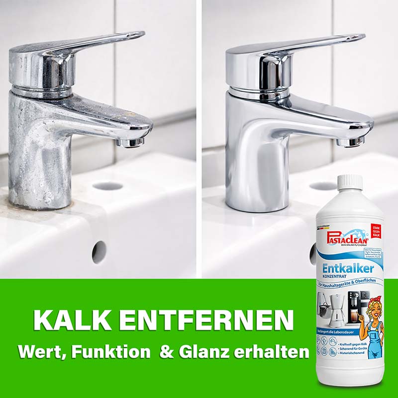 Universal Entkalker Konzentrat 1000 ml, starke Kalklösekraft, vorher-nachher-Vergleich von Wasserhahn, entfernt Kalkablagerungen, Kalkreiniger, Oberflächenreiniger, Haushaltsreiniger, glanzfördernd, umweltfreundlich