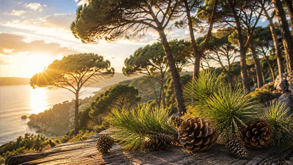 Mediterraner Pinienwald an der Küste bei Sonnenuntergang mit Pinienzapfen und frischen Pinienzweigen im Vordergrund. Das Bild zeigt die natürliche Herkunft und Inspiration des Pinienöls, das im Pastaclean Pinienöl Reiniger verwendet wird.