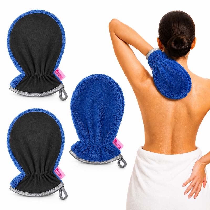 Peelinghandschuh & Waschhandschuh 3er Set in Taubenblau für die Gesichts- und Körperpflege, geeignet für Dusche und Make-up Entfernung, ideal für sanftes Hautpeeling und Reinigungsanwendungen.