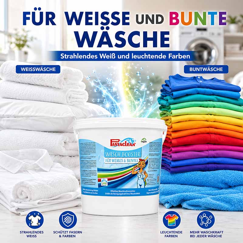 Waschbooster 2 kg für weiße und bunte Wäsche, strahlend weiß, leuchtende Farben, schützt Fasern, mehr Waschkraft, Pastaclean, effektiver Waschverstärker, für Weißwäsche und Buntwäsche, verbesserte Waschleistung.