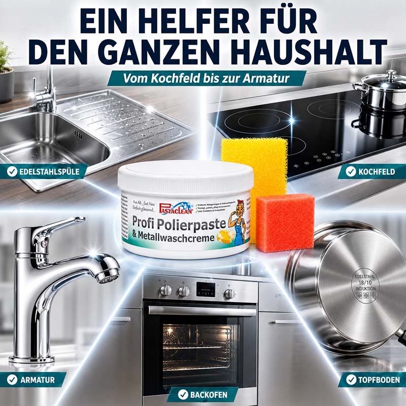 Profi Polierpaste 500g für Edelstahlspüle, Kochfeld, Armatur, Backofen, Topfboden. Reinigung, Politur und Schutz für Metalloberflächen im Haushalt. Ideal für Küche, Bad, Haushaltreinigung. Leistungsstarke Metallwaschcreme.
