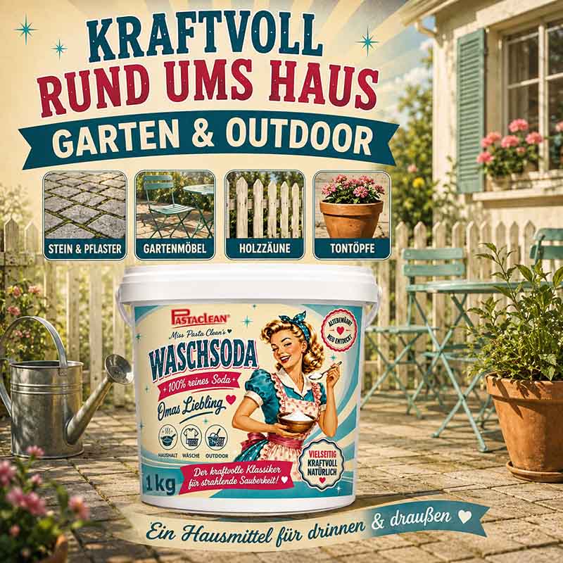 Pastaclean Waschsoda 1 kg, 100 % reine Soda, gegen Fett, Schmutz und Flecken, für Haushalt, Wäsche und Garten, ideal für Stein, Pflaster, Gartenmöbel, Holzzäune und Tontöpfe, für drinnen und draußen.