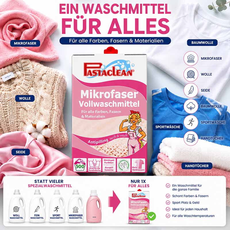 Pastaclean Mikrofaser Vollwaschmittel Antipilling 5L 500WL, geeignet für Mikrofaser, Wolle, Seide, Baumwolle, Sportwäsche, Handtücher. Eignet sich für alle Farben, Fasern und Materialien. Spart Platz und Geld, ideal für den Haushalt. Keine Verfärbungen.