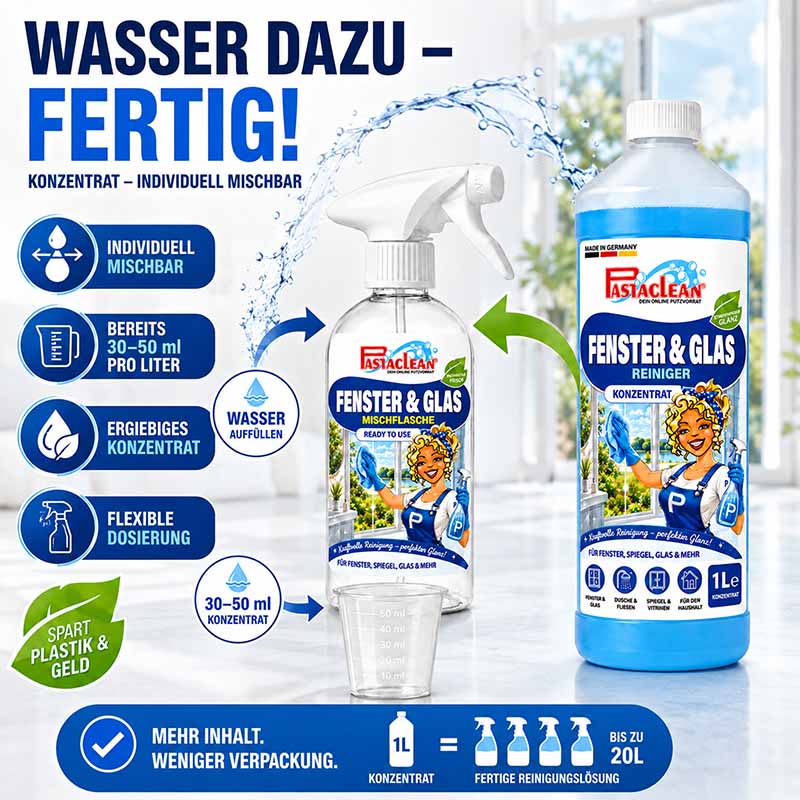 Fensterreiniger Konzentrat 1 Liter, Glasreiniger für streifenfreie Reinigung von Fenstern, Spiegeln, Duschkabinen, Glasflächen; individuell mischbar, ergiebig, flexible Dosierung, spart Plastik und Geld, ergibt bis zu 20 Liter Lösung.