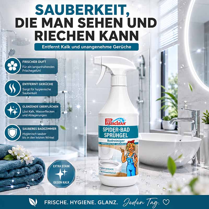 Spider Bad Sprühgel 1 l, Badreiniger, entfernt Kalk und unangenehme Gerüche, sorgt für frischen Duft und glänzende Oberflächen, extra stark gegen Kalk, geeignet für hygienisches Badezimmer, Pastaclean Reinigungsmittel.