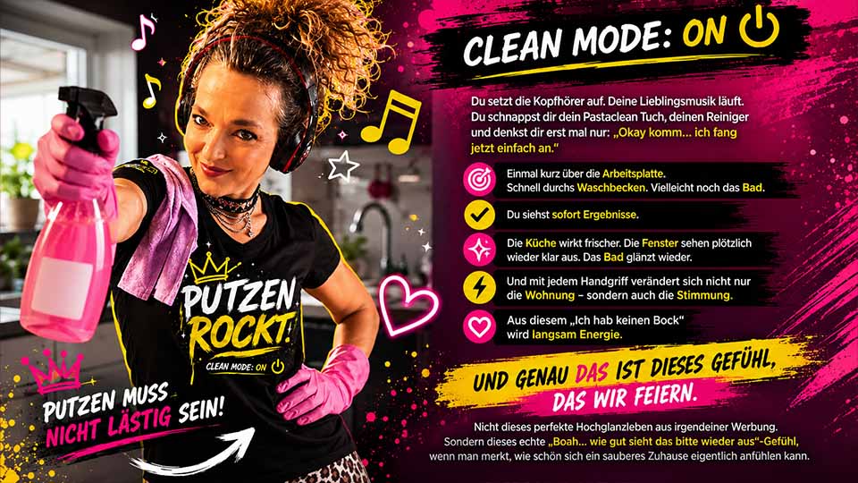 Pastaclean Putzen rockt Motiv mit Frau beim Putzen, Clean Mode ON, moderne Putzmotivation, sauberes Zuhause, Lifestyle Reinigung und Wohlfühlgefühl zuhause