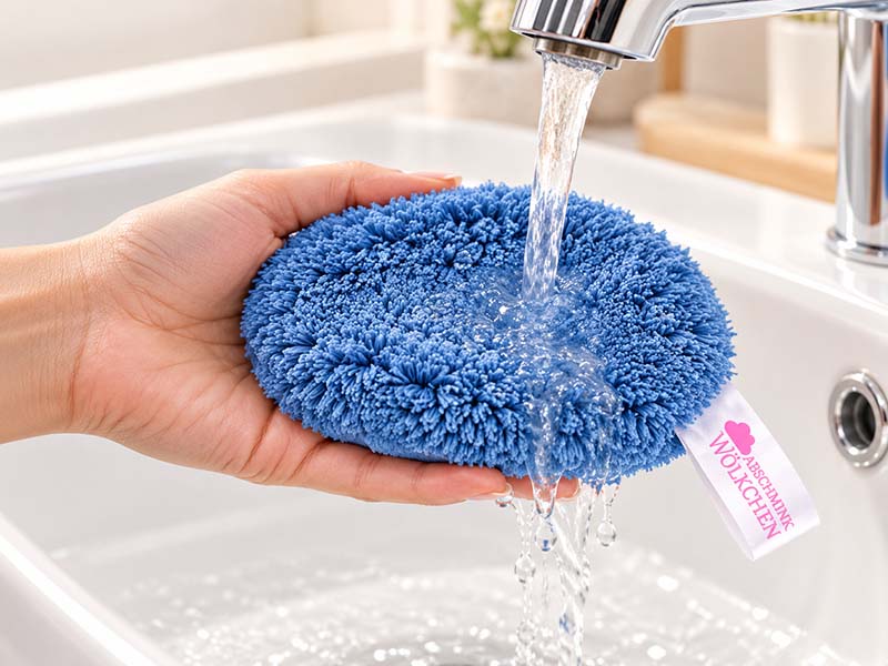 Ein weiches Abschminkpad wird unter fließendem Wasser angefeuchtet.