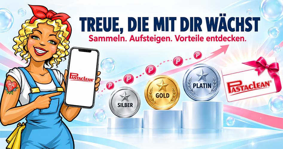 Pastaclean Treueprogramm Illustration mit Silber, Gold und Platin Medaillen sowie stilisierte Figur mit Handy, auf dem Pastaclean Logo angezeigt wird, symbolisiert Vorteile und Wachstum durch Treuepunkte sammeln.