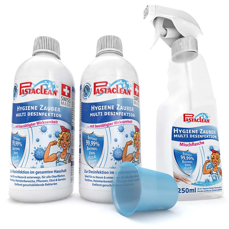 Pastaclean Hygiene Zauber Flächendesinfektion Set mit zwei 500-ml-Konzentratflaschen, Mischflasche und Messbecher – Multi Desinfektion gegen Bakterien, Viren, Pilze und Sporen
