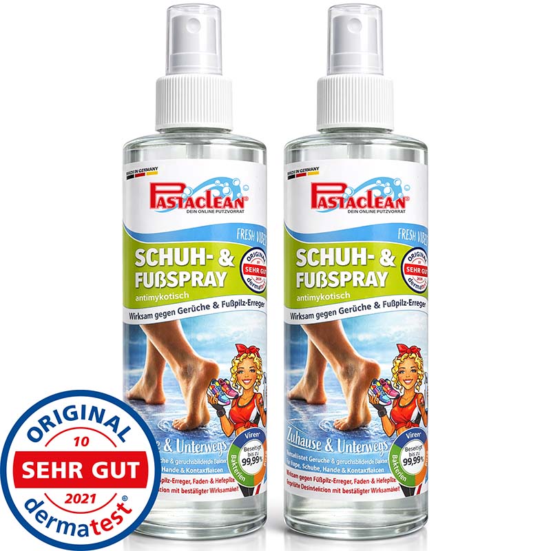 Pastaclean Desinfektionsspray für Füße und Schuhe, antimikotisch, wirksam gegen Gerüche und Fußpilz-Erreger, 2x 250 ml Flaschen, Original dermatest Sehr Gut 2021, zur Desinfektion von Schuhen und Fußpflege.