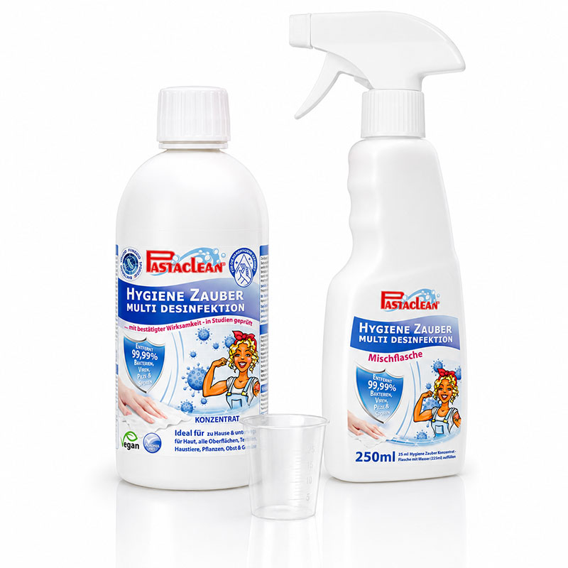Pastaclean Hygiene Zauber Flächendesinfektion Konzentrat, 500 ml, Desinfektionsmittel zur Oberflächenreinigung, entfernt Bakterien und Viren, geeignet für Haushalt, Pflanzen, Haustiere, vegan, inkl. Mischflasche