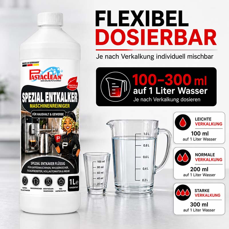 Pastaclean Entkalker Konzentrat für Kaffeemaschine und Wasserkocher, geräteschonender Maschinenreiniger, 1 Liter, flexibel dosierbar für leichte bis starke Verkalkung, geeignet für Haushalt und Gewerbe.