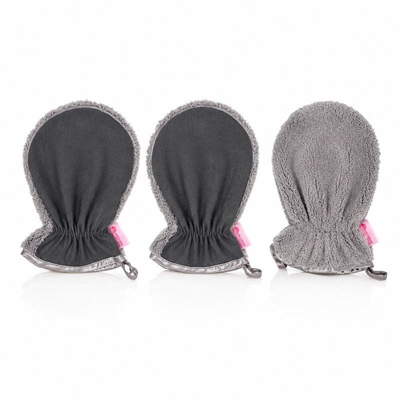 Peelinghandschuh & Waschhandschuh 3er Set in Grau zur sanften Reinigung von Gesicht und Körper, ideal für die Dusche und Make-up Entfernung.