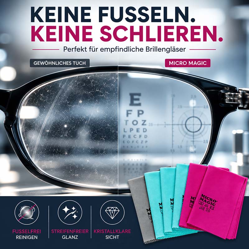 Micro Magic Glas- & Poliertücher Set, 5tlg, fusselfrei und kratzfrei, ideal für empfindliche Brillengläser, reinigt streifenfrei mit kristallklarem Glanz, bunte Mikrofaser für perfekte Sicht.