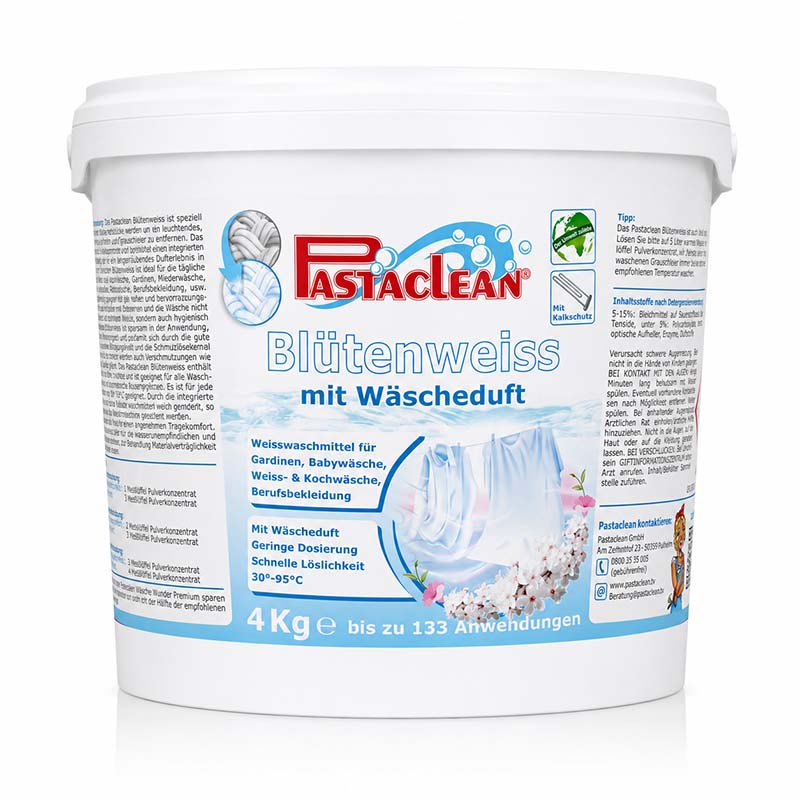 Pastaclean Blütenweiss Weißwaschmittel mit frischem Wäscheduft, 4Kg für hohe Waschleistung bei Gardinen, Baby- und Berufswäsche, Weiß- und Kochwäsche, geeignet für 30°-95°C, 133 Waschladungen.