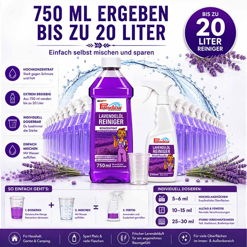750 ml hochkonzentriertes Lavendelöl Reiniger-Konzentrat, ergibt bis zu 20 Liter, effektiv gegen Schmutz und Fett, variabel dosierbar, Anwendung für Haushalt, Garten, Camping, frischer Lavendelduft, umweltfreundlich und platzsparend.