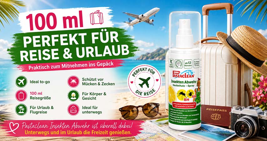 Pastaclean Insekten Abwehr Spray, 100 ml Reisgröße, effektiver Schutz vor Mücken und Zecken, ideal für Körper und Gesicht, perfekt für Reise und Urlaub, praktisches Reiseaccessoire.