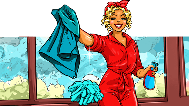 Pastaclean Putztücher für den Haushalt Miss Pastaclean mit Putztuch in der Hand