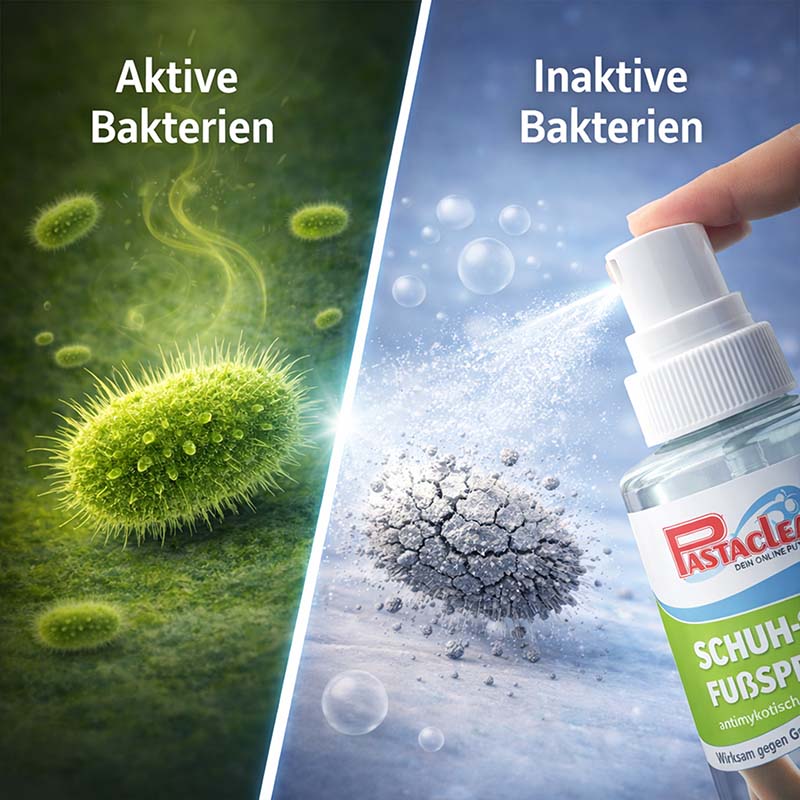 Desinfektionsspray für Füße und Schuhe, bekämpft Fußpilz Erreger und Gerüche, 2x 250 ml, Darstellung aktiver vs. inaktiver Bakterien, wirksames Schuhspray, antiseptisch, antibakteriell, Fußpflegeprodukt
