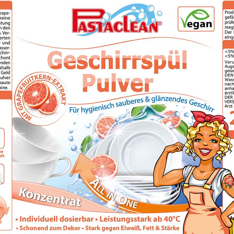 Pastaclean Geschirrspülpulver 2 kg mit All-in-One Formel und Grapefruitkern-Extrakt, veganes Spülmaschinenpulver für hygienisch sauberes und glänzendes Geschirr, schonend zu Dekor und leistungsstark ab 40 °C.