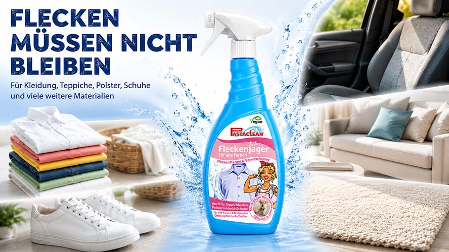 Reinigungsmittel Flasche Fleckenentferner für Kleidung, Teppiche, Polster, Schuhe, diverse Materialien, Anleitungseinsatz, vegane Formel, Produktpräsentation, optimiert gegen Flecken für alltägliche Anwendungen in Haushalt und Auto.