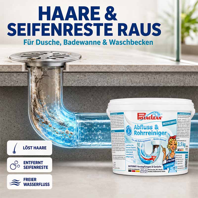 Pastaclean Abfluss- & Rohrreiniger Meeresbrise 3,5Kg für Dusche, Badewanne und Waschbecken zur Beseitigung von Haaren und Seifenresten, sorgt für freien Wasserfluss in allen Rohrsystemen, nicht ätzend