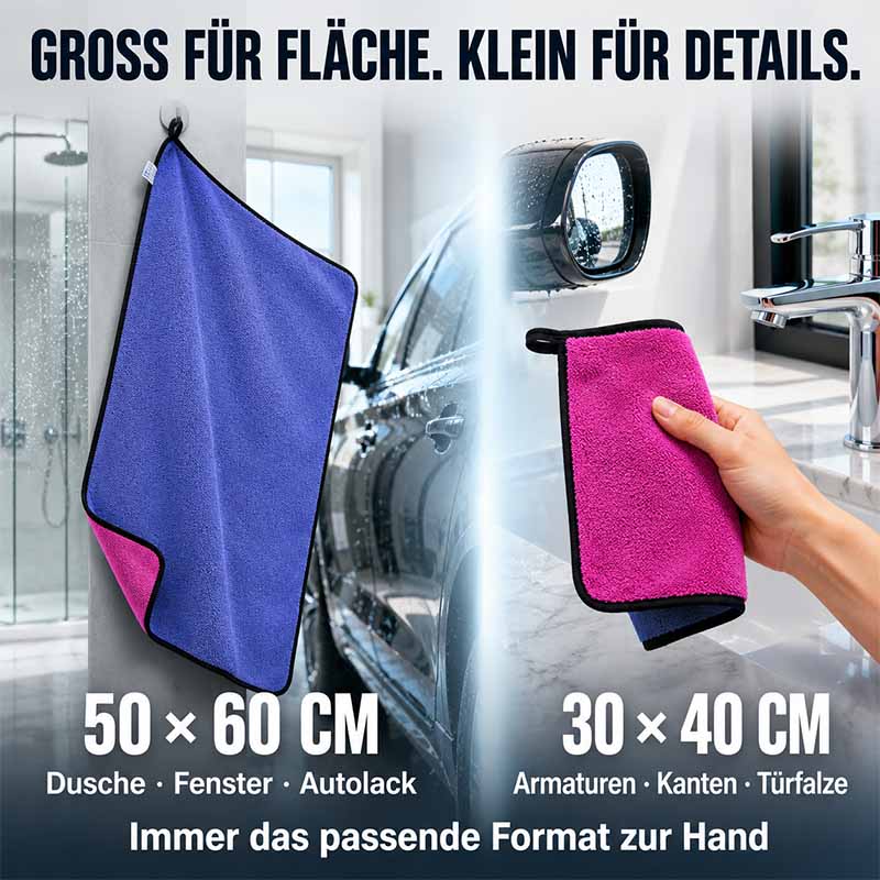 Micro Magic Mikrofaser-Trockentuch 2er-Set, extra saugstark und fusselfrei, ideal für Dusche, Auto und Fensterreinigung, Berry Twist Design, Größe 50x60cm und 30x40cm.