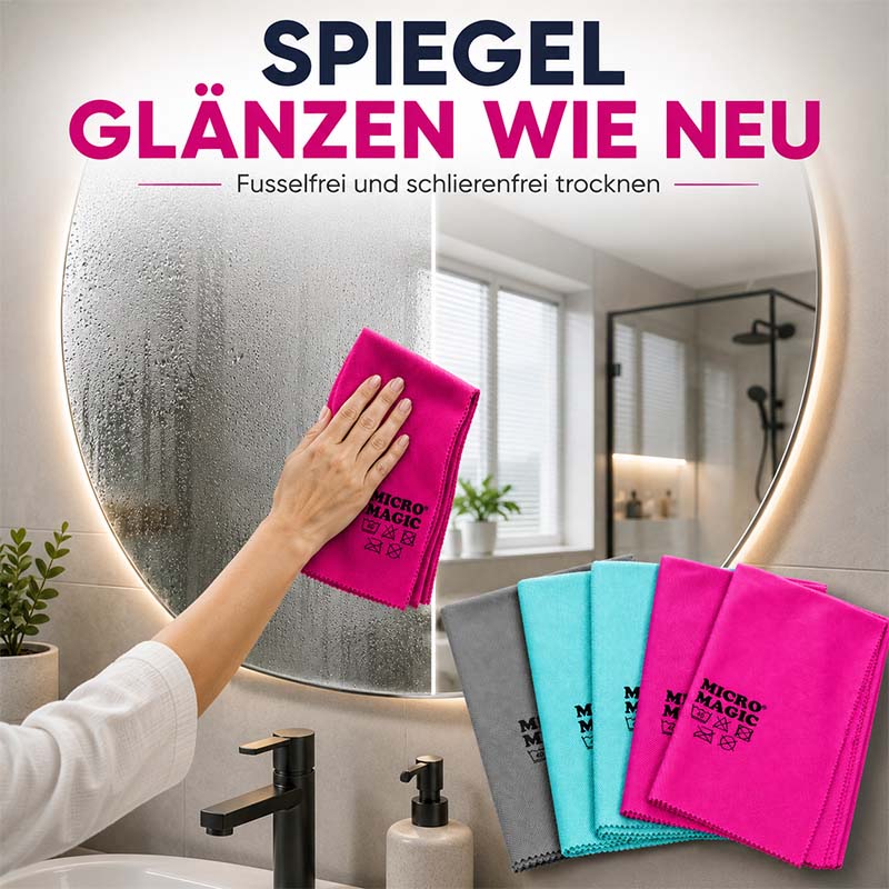Micro Magic Glas- & Poliertücher, 5tlg Set, bunt, zur fusselfreien und schlierenfreien Reinigung von Spiegeln und Glasoberflächen im Bad und Haushalt.