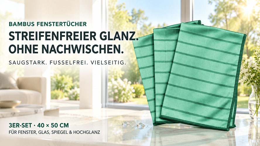 Bambus Fenstertücher 3er-Set, 40x50 cm, streifenfreier Glanz für Fenster, Glas, Spiegel, Hochglanz; saugstark, fusselfrei, vielseitig einsetzbar.