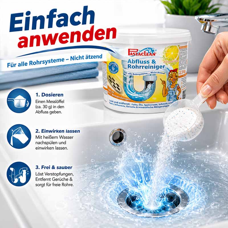Pastaclean Abfluss- & Rohrreiniger Zitrone 4kg, nicht ätzend, löst Verstopfungen im Abfluss schnell und effizient, entfernt Gerüche. Für alle Rohrsysteme geeignet. Einfach dosieren, einwirken lassen und abspülen für freie Rohre.