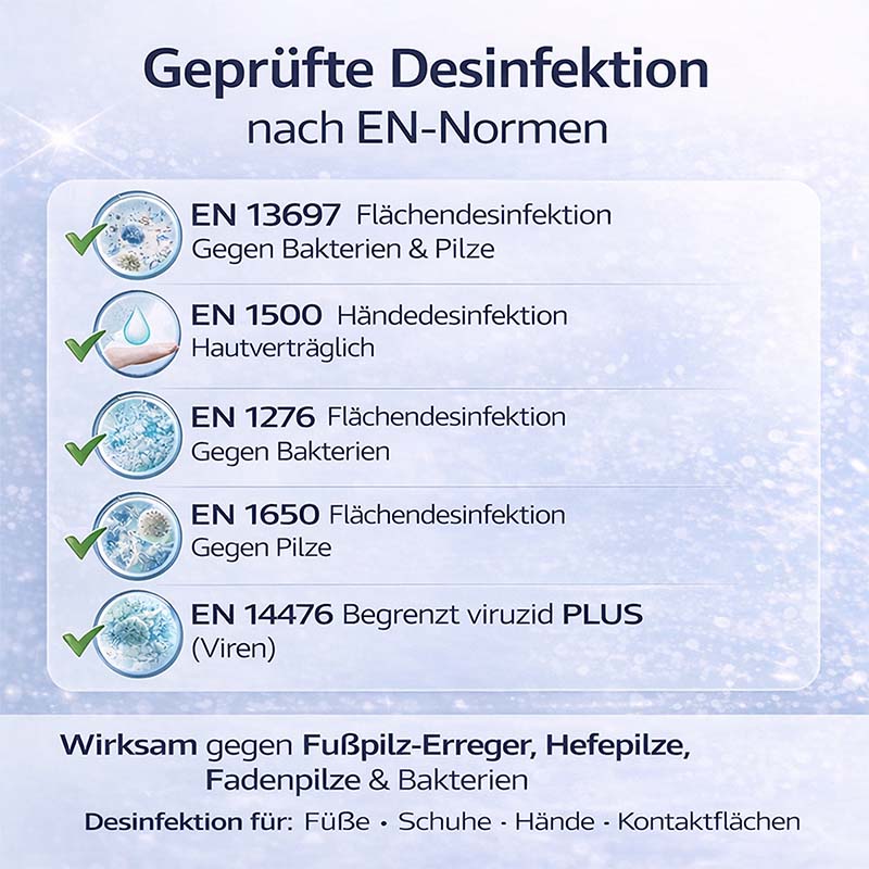 Desinfektionsspray für Füße & Schuhe, 2x 250 ml. Geprüfte Desinfektion EN 13697, EN 1500, EN 1276, EN 1650, EN 14476 gegen Bakterien, Pilze, Viren. Wirksam gegen Fußpilz-Erreger, Hefepilze, Fadenpilze. Desinfektion Füße, Schuhe, Hände, Flächen.