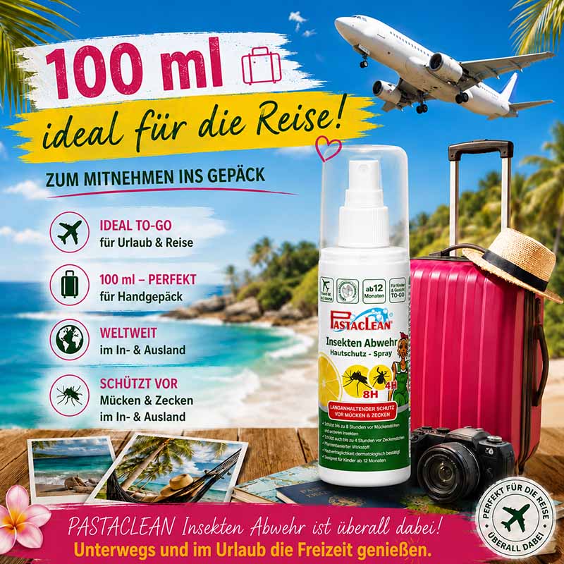 Pastaclean Insektenschutz Hautschutz Spray 100 ml für Schutz vor Mücken, Zecken und Stechfliegen ideal für Urlaub und Reise, für In- und Ausland, handgepäcktauglich.