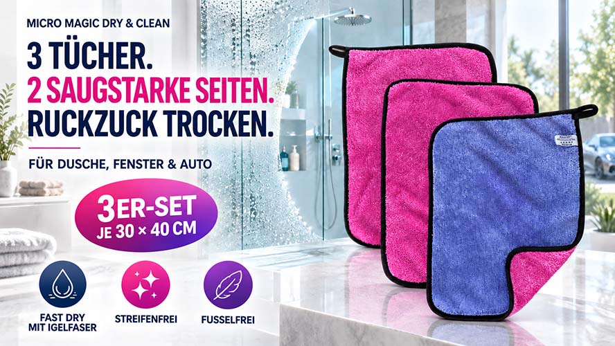 Micro Magic Dry & Clean 3er-Set Mikrofasertücher für schnelle Trocknung und streifenfreie Reinigung von Dusche, Fenster und Auto, je 30x40 cm, saugfähige doppelseitige Tücher mit Igelstruktur, fusselfrei