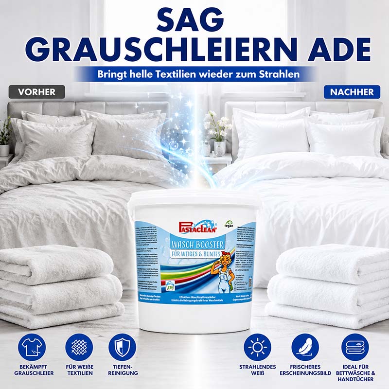 Waschbooster 2 kg zur Entfernung von Grauschleiern, ideal für weiße Textilien, Bettwäsche und Handtücher. Strahlendes Weiß, frisches Erscheinungsbild, Tiefenreinigung. Effizienter Waschzusatz für leuchtende Kleidung.