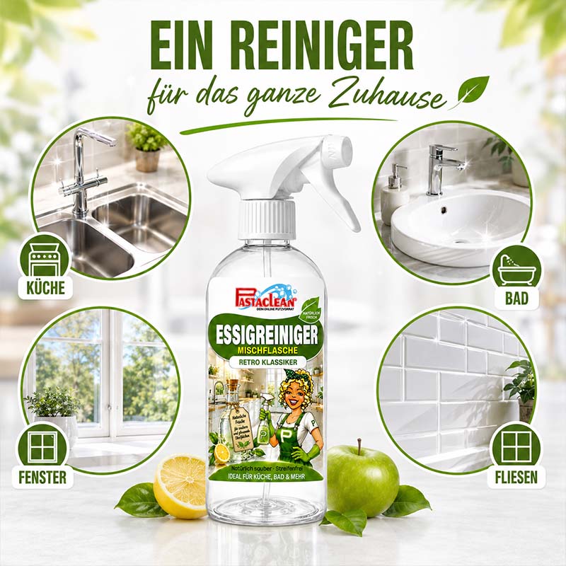 Essigreiniger 1 Liter Konzentrat, Haushaltsreiniger für Bad und Küche, Retro Klassiker, ideal für Spüle, Waschbecken, Fliesen, Fenster, streifenfrei, natürlich sauber, Pastaclean, Mischflasche, multifunktionale Reinigung, Zitrone und Apfel im Hintergrund