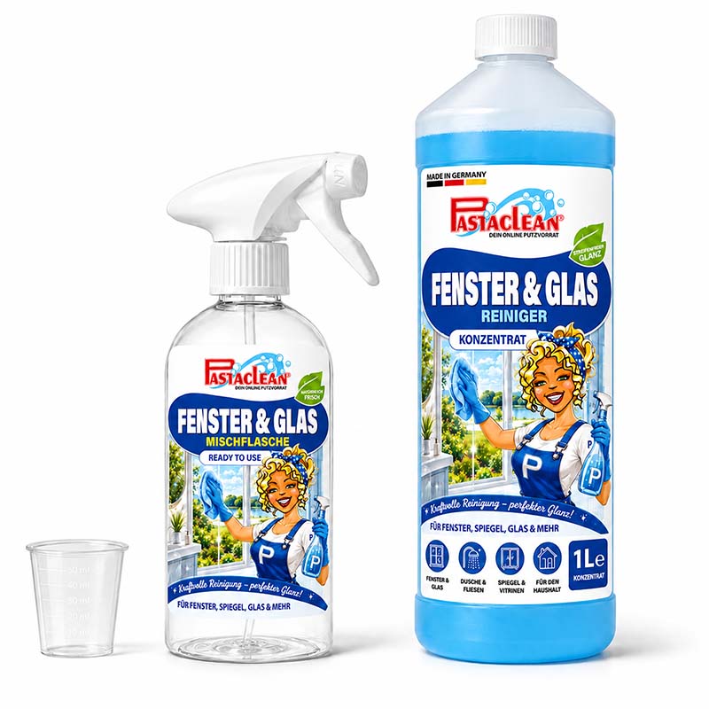 Fensterreiniger Konzentrat 1 Liter, Glasreiniger für streifenfreie Reinigung von Fenster, Spiegel, Duschkabinen, Glasflächen, Pastaclean, inklusive Messbecher, Reinigungsflasche, für Fensterreinigung, Glasreinigung, Spiegelreinigung, made in Germany