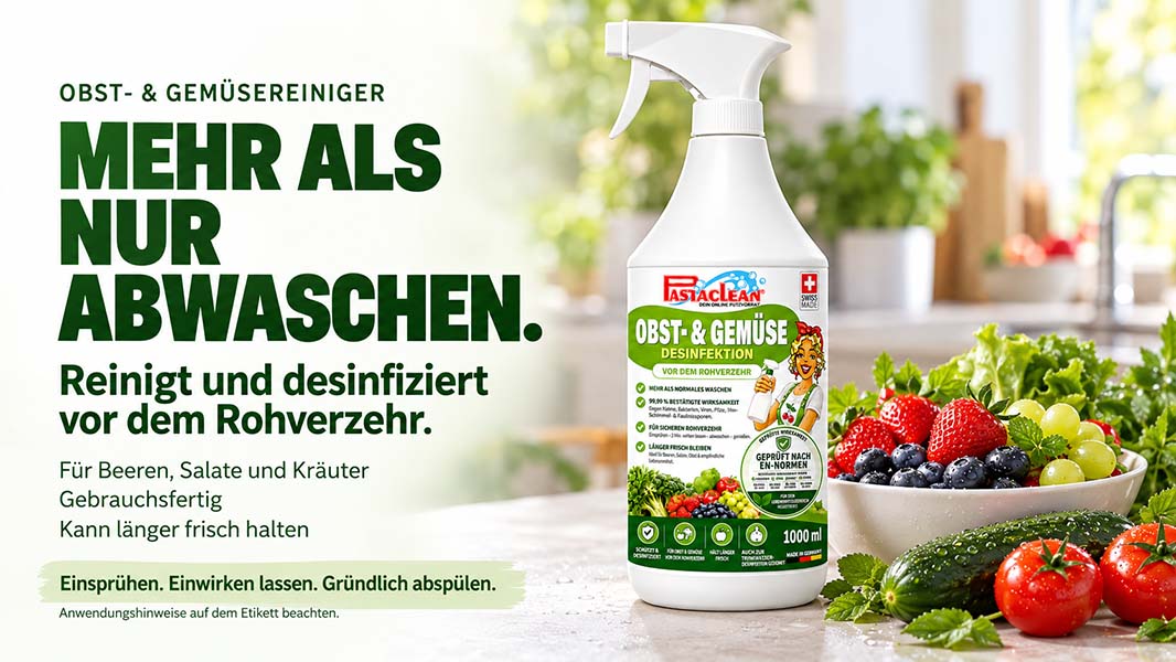 Pastaclean Obst- und Gemüsereiniger, desinfiziert vor Rohverzehr, geeignet für Beeren, Salate, Kräuter, gebrauchsfertig, hält länger frisch, 1000 ml Flasche, für sichere Reinigung von Obst und Gemüse.