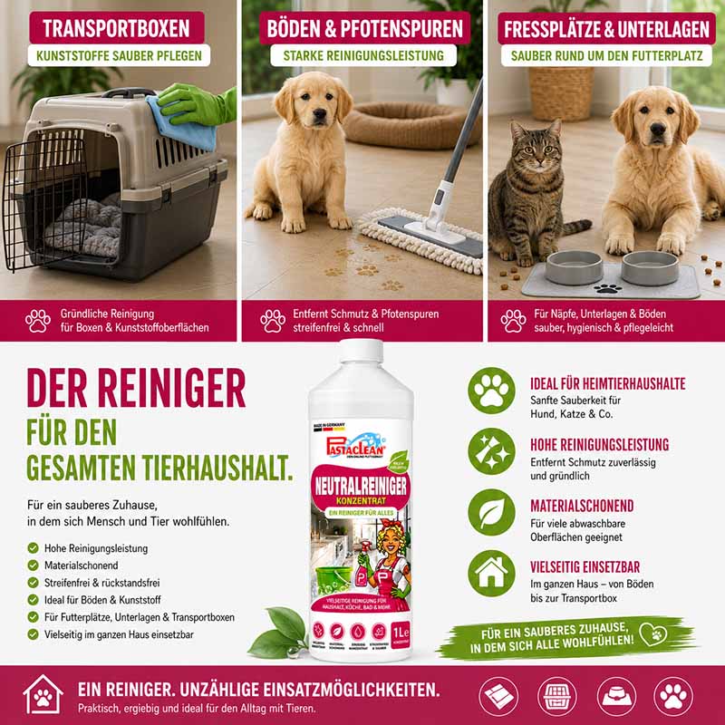 Pastaclean Neutralreiniger Konzentrat 1 L Allzweckreiniger für Küche, Bad, Böden, Fenster, ideal für Heimtierhaushalte, entfernt Schmutz und Pfotenspuren, geeignet für Kunststoffoberflächen und Futterplätze, materialschonend.