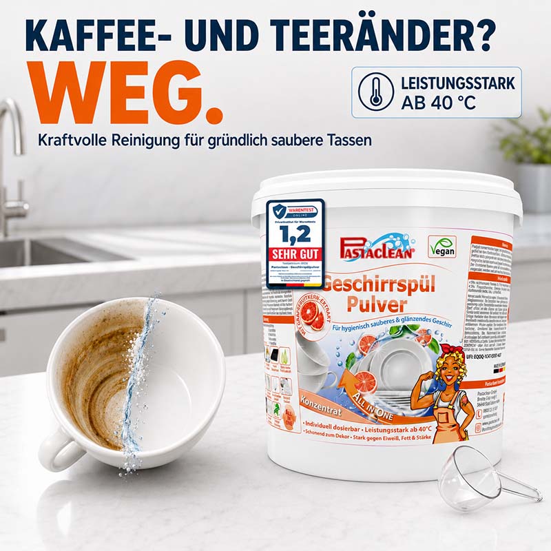 Pastaclean Geschirrspülpulver 2 kg für hygienisch sauberes und glänzendes Geschirr, leistungsstark ab 40 °C, vegan, für Spülmaschinen geeignet, effektive Entfernung von Kaffee- und Teerändern, individuell dosierbar