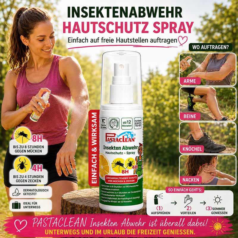 Pastaclean Insektenschutz Hautschutz Spray, 100 ml, schützt vor Mücken, Zecken und Stechfliegen, ideal für Arme, Beine und Nacken, für alle Hauttypen geeignet, langanhaltender Schutz bis zu 8 Stunden