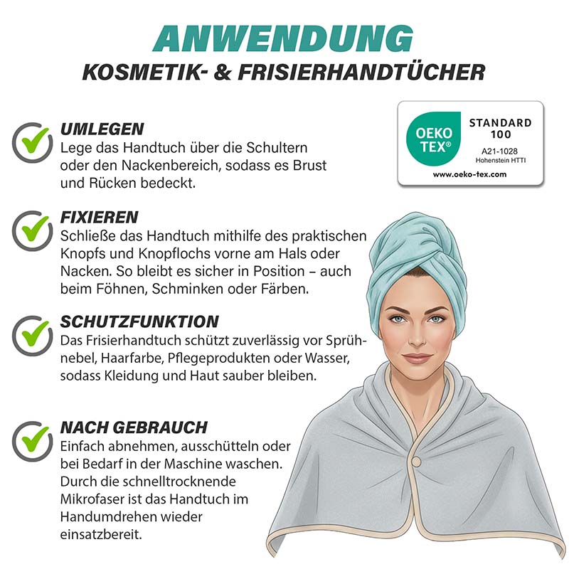 Anwendung der Pastaclean Kosmetik- und Frisierhandtücher: Illustration einer Frau mit fixiertem Mikrofaser-Handtuch zum Schutz beim Föhnen, Schminken und Haarstyling, inklusive Oeko-Tex Hinweis.
