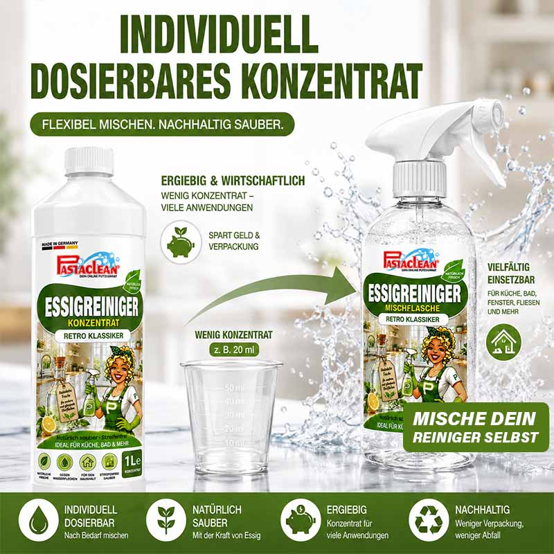 Essigreiniger Konzentrat 1 Liter, flexibel dosierbares Reinigungsmittel für Bad und Küche, nachhaltig und wirtschaftlich, ergiebig, vielseitig einsetzbar, ideal für Fenster und Fliesen, umweltfreundlich, natürliche Sauberkeit mit Essigkraft.