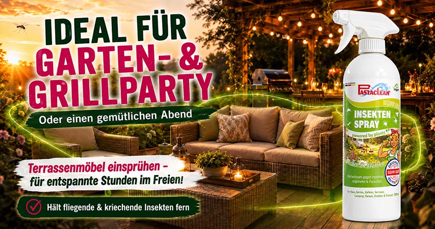 Pastaclean Insektenspray für Gartenmöbel, Terrasse und Balkon, pflanzenbasierter Schutz gegen fliegende und kriechende Insekten, ideal für Grillpartys und entspannte Abende im Freien