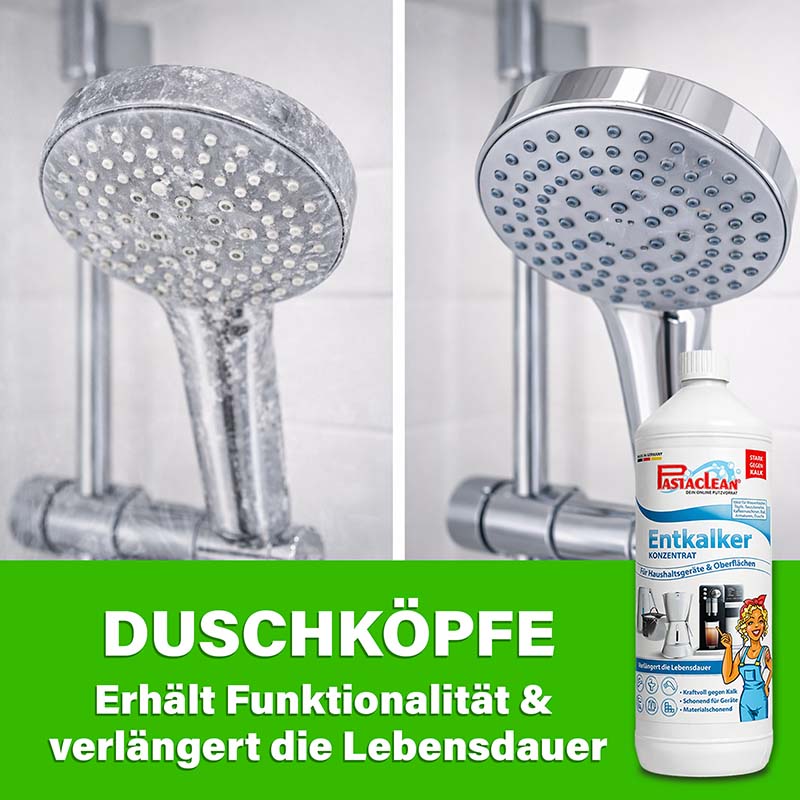 Universal Entkalker Konzentrat, starke Kalklösekraft, 1000 ml, Anwendung an Duschkopf, zeigt Vorher-Nachher-Ergebnis, Ideal für Haushaltsgeräte, verbessert Funktionalität, verlängert Lebensdauer, stark gegen Kalk, umweltfreundlich