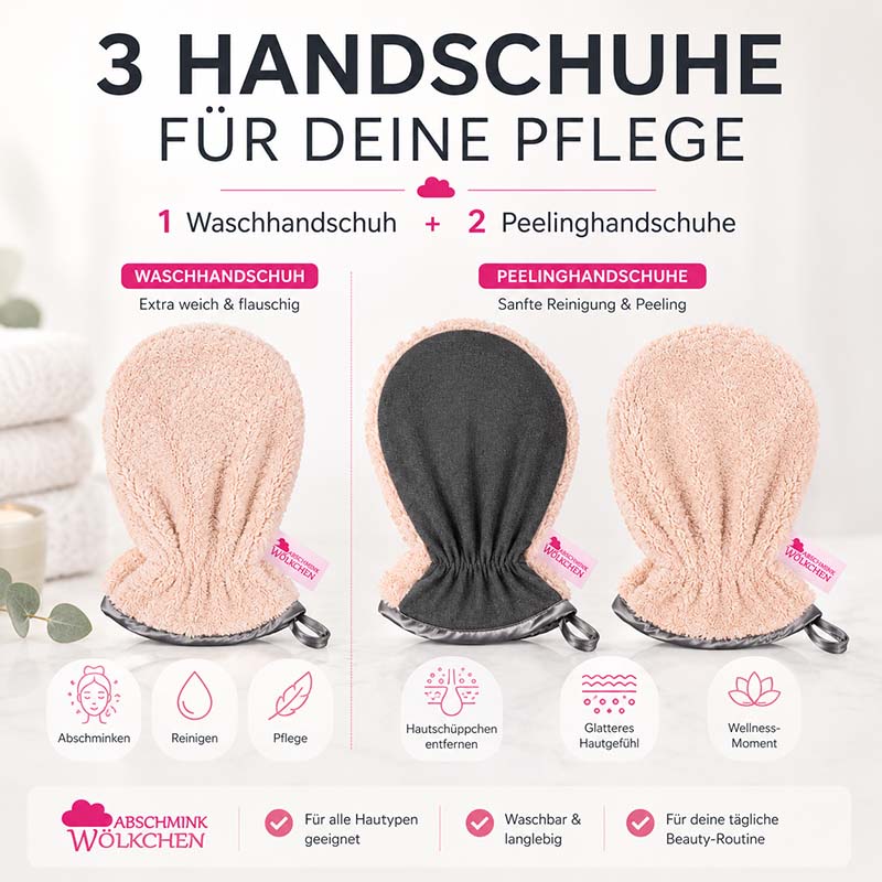 Abschminkwölkchen Peelinghandschuh & Waschhandschuh 3er Set für Gesicht, Körper, Dusche & Make-up Entfernung, sanfte Reinigung, Peeling, weiche Mikrofaser, ideal für alle Hauttypen, waschbar und langlebig