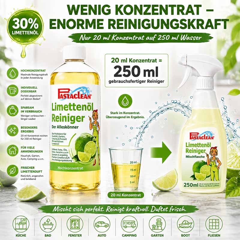 Limettenöl Reiniger Konzentrat 1 Liter Flasche und Mischflasche, 30% Limettenöl, konzentrierte Reinigungsformel, für Küche, Bad, Fenster, Auto, Camping, Garten, Boot, Fliesen, ergiebig, sparsam im Verbrauch, frischer Limettenduft, Pastaclean Marke