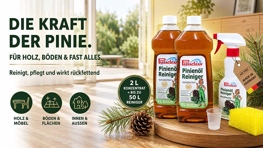 Pastaclean Pinienöl Reiniger Konzentrat für Holz, Böden und Flächen, reinigt, pflegt und wirkt rückfettend, geeignet für Innen- und Außenbereich, hergestellt in Deutschland