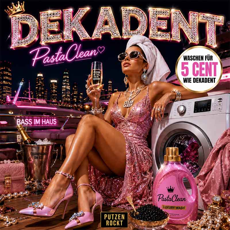 Dekadente Waschmittelwerbung Pasta Clean, Luxus-Waschmittel mit Glamour-Faktor, Glitzeroptik, Waschmaschine, Stadt-Hintergrund. Keywords: Pasta Clean, Luxuswaschmittel, dekadent, glamourös, waschen, Waschmaschine, Glitzer, Nachtansicht.