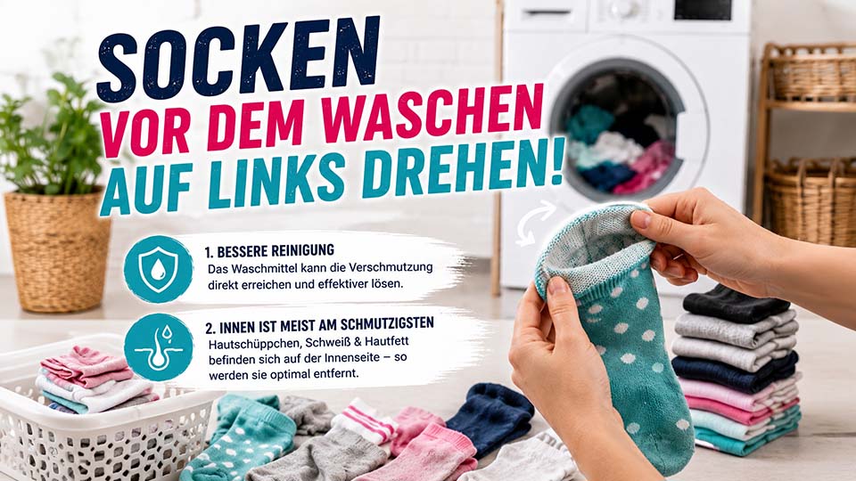 Socken richtig waschen: Socken vor dem Waschen auf links drehen, damit Schweiß, Hautschüppchen und Verschmutzungen besser entfernt werden.