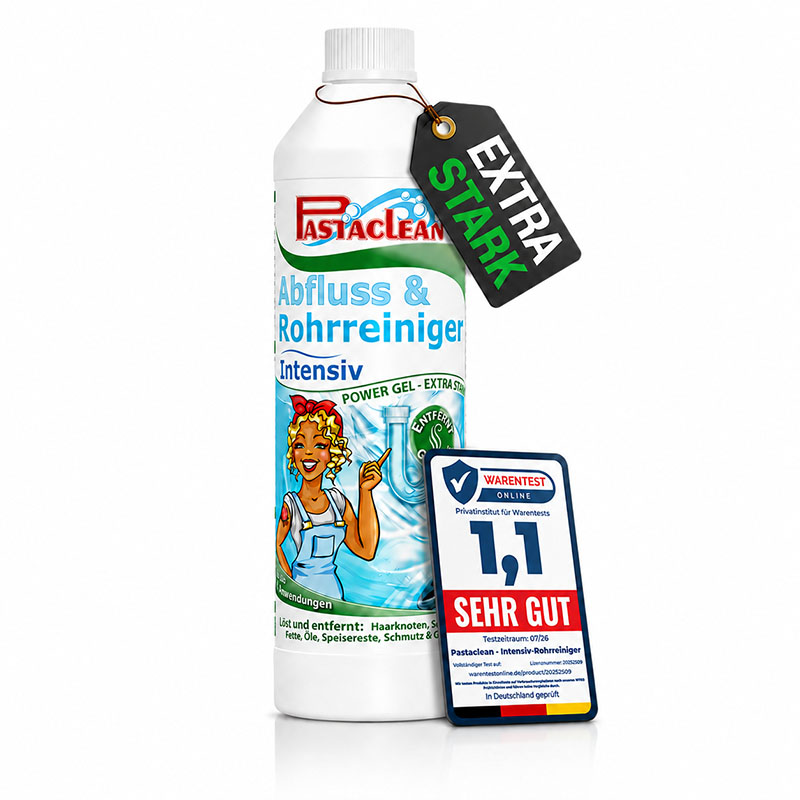 Pastaclean Rohrfrei flüssiger Rohrreiniger 1000ml zur Entfernung von Haaren, Fetten und Essensresten in Abflüssen und Rohren, ideal für Küche und Bad